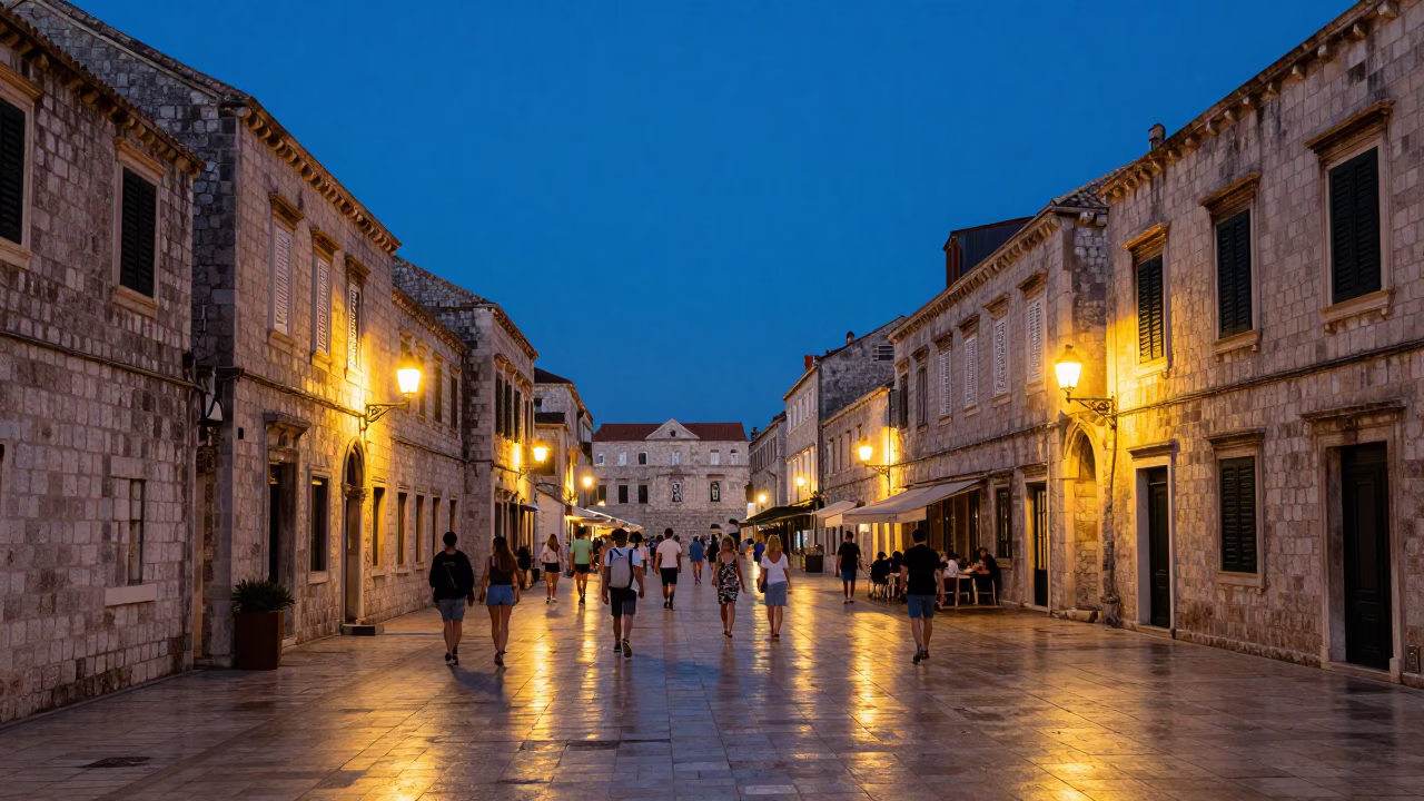 Twilight Street Scene in Dubrovnik Croatia with Tourists and Historic Architecture in in Dubrovnik, Croatia