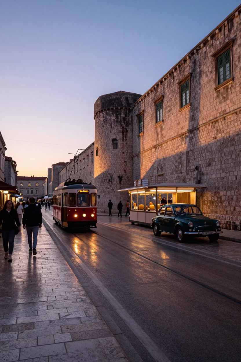 Twilight Street Scene in Dubrovnik Croatia with Tramcar Reflection and Vintage Car in in Dubrovnik, Croatia