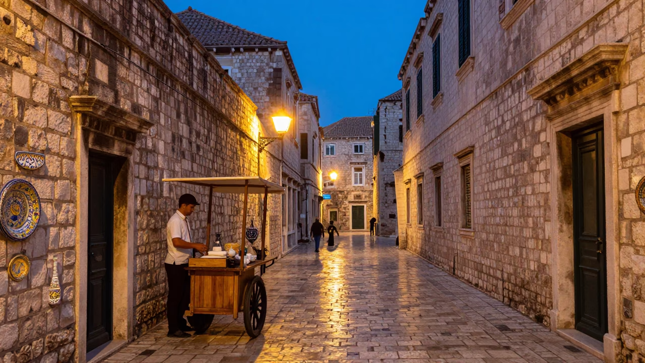 Twilight Street Scene in Dubrovnik Croatia with Vintage Majolica and Local Interaction in in Dubrovnik, Croatia
