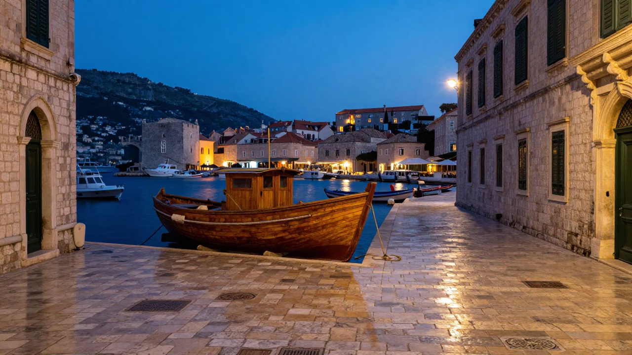 Twilight street scene in Dubrovnik Croatia with wooden fishing boat and old stone walls in in Dubrovnik, Croatia