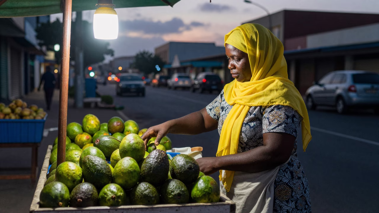 Twilight Street Scene in Durban South Africa with Avocados and Pin Tin in in Durban, South Africa