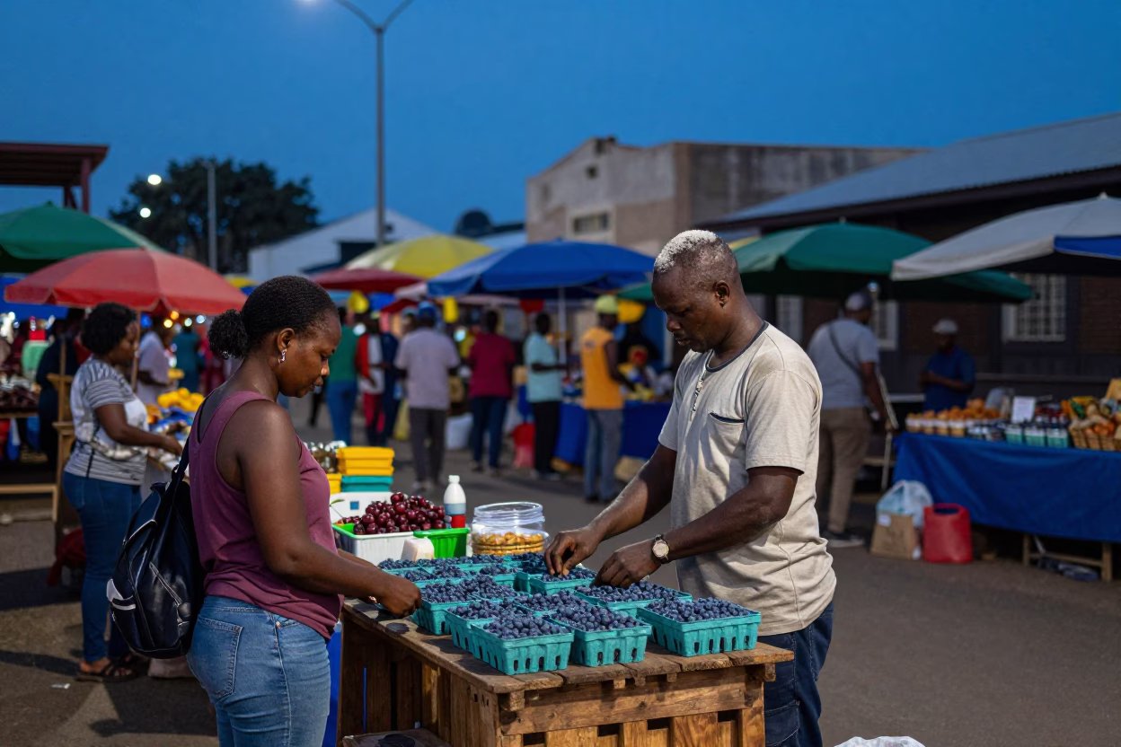 Twilight Street Scene in Durban South Africa with Colorful Market Stalls and Local Life in in Durban, South Africa