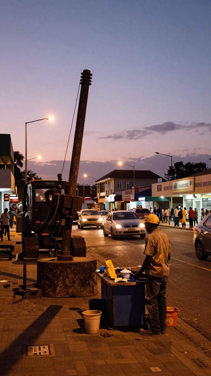 Twilight Street Scene in Durban South Africa with Construction and Local Commerce in in Durban, South Africa