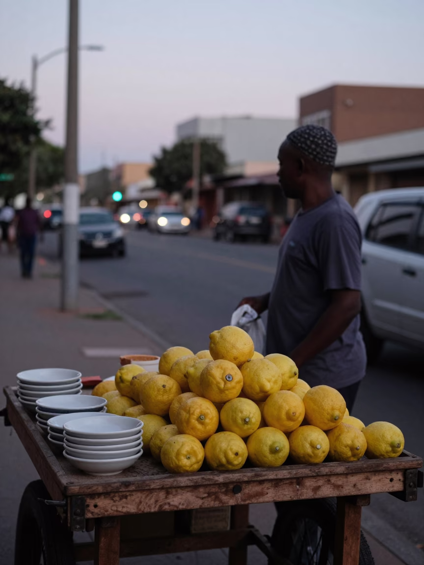 Twilight Street Scene in Durban South Africa with Lemons and Saucers in in Durban, South Africa