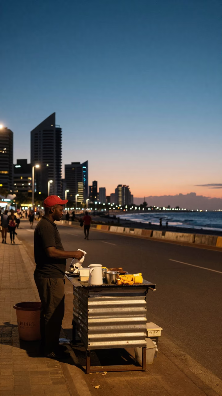Twilight Street Scene in Durban South Africa with Local Street Vendor and Pedestrians in in Durban, South Africa