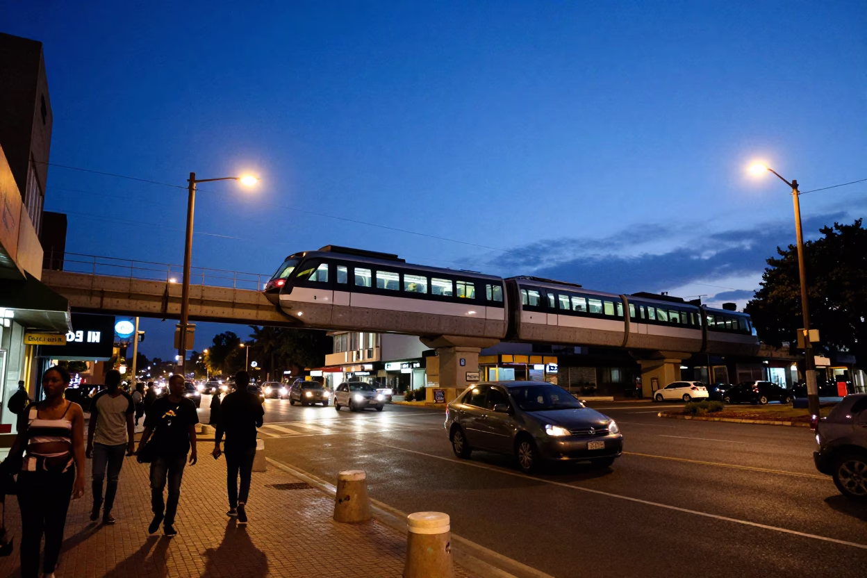 Twilight Street Scene in Durban South Africa with Monorail and Urban Activity in in Durban, South Africa