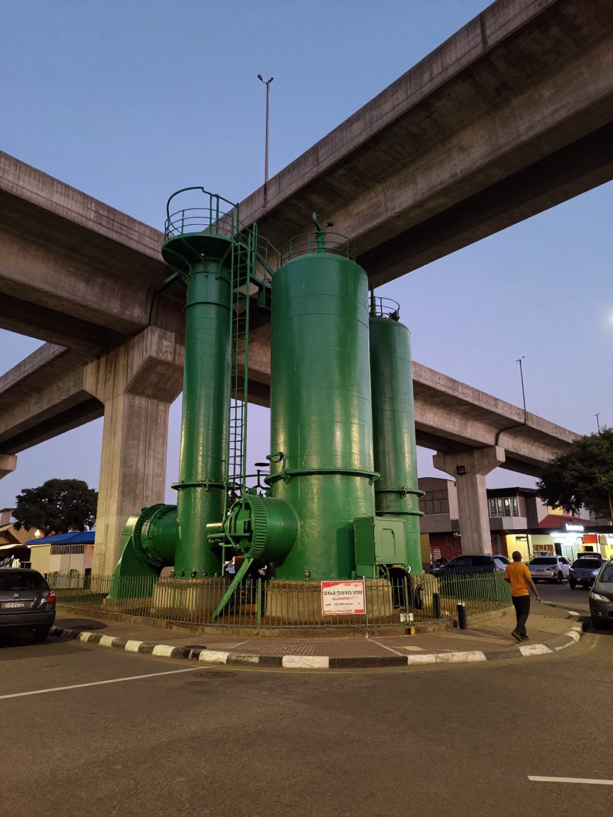 Twilight street scene in Durban South Africa with sewage pumping station and traffic shadows in in Durban, South Africa