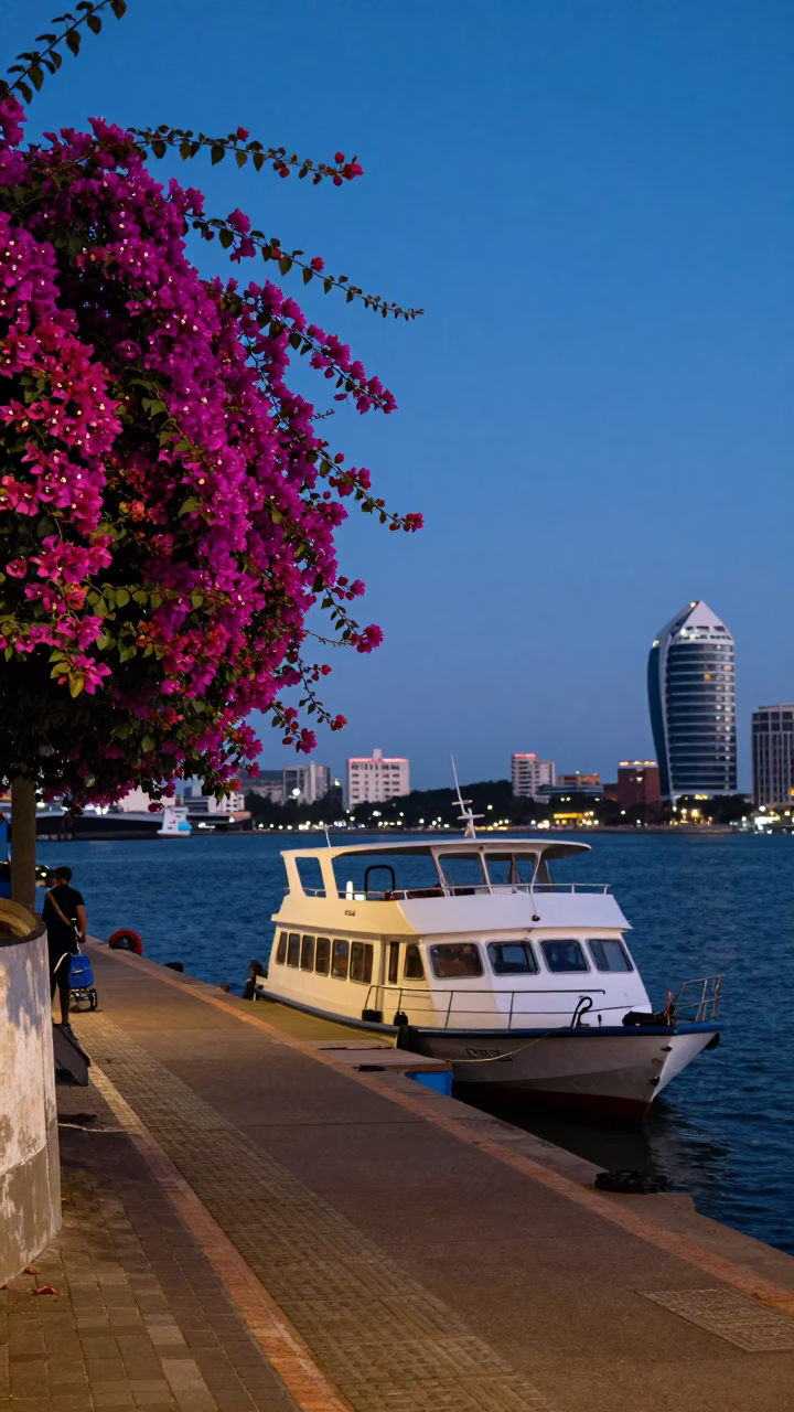 Twilight Street Scene in Durban South Africa with Water Taxi and Bougainvillea in in Durban, South Africa