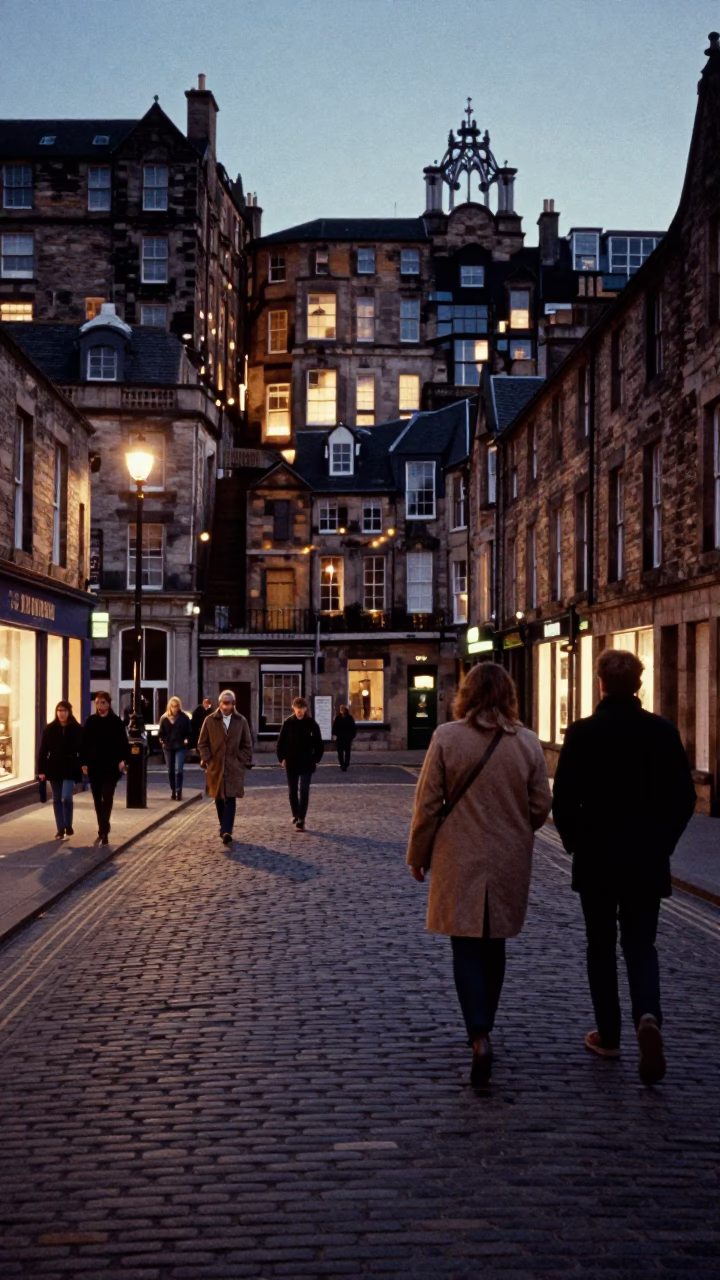 Twilight Street Scene in Edinburgh Scotland with Cobblestones and Historic Architecture in in Edinburgh, United Kingdom