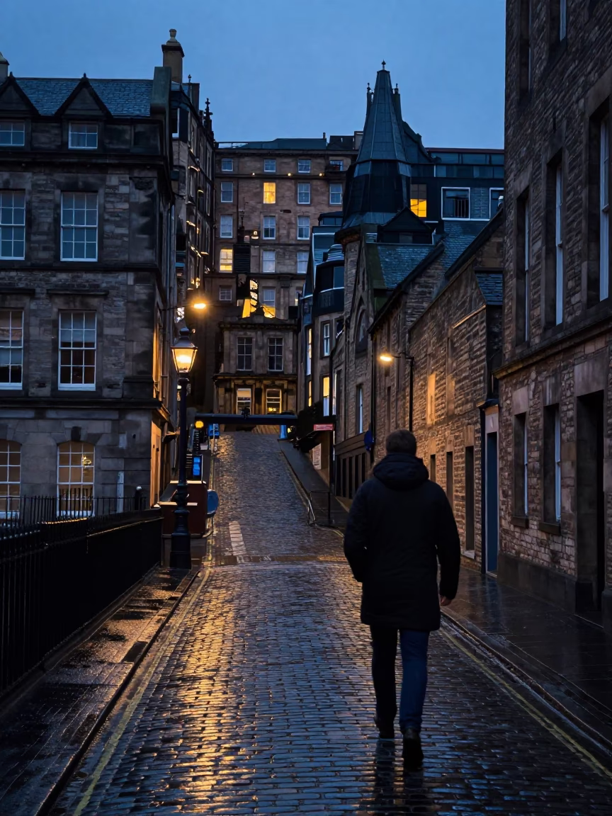 Twilight Street Scene in Edinburgh Scotland with Stair Rail and Urban Architecture in in Edinburgh, United Kingdom