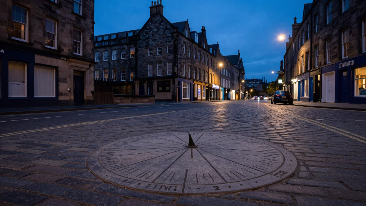 Twilight Street Scene in Edinburgh Scotland with Sundial and Cobblestone Pathway in in Edinburgh, United Kingdom
