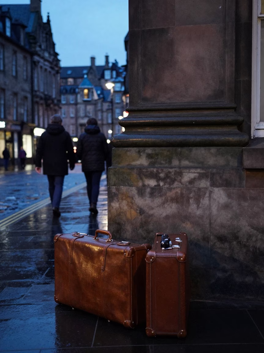 Twilight Street Scene in Edinburgh Scotland with Vintage Suitcases and Art Deco Architecture in in Edinburgh, United Kingdom