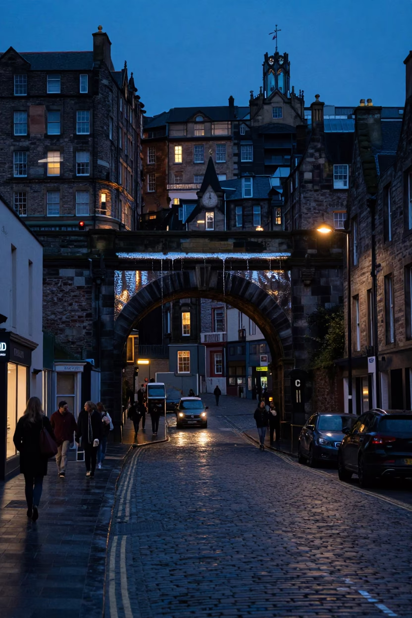 Twilight street scene in Edinburgh UK with hammered metal and viaduct arch details in in Edinburgh, United Kingdom