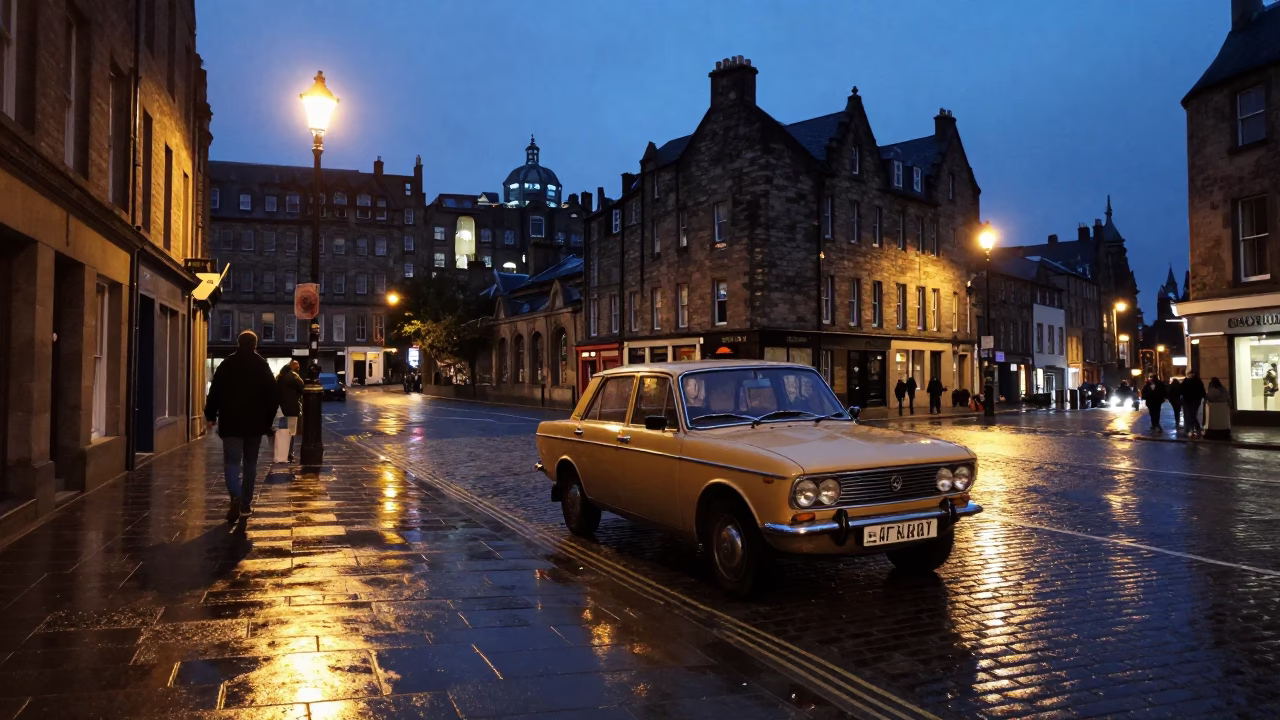Twilight Street Scene in Edinburgh UK with Vintage 1970s Car and Brick Architecture in in Edinburgh, United Kingdom