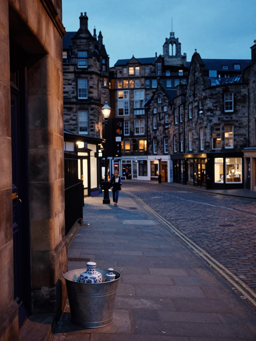 Twilight Street Scene in Edinburgh with Metal Bucket and Porcelain Jar in in Edinburgh, United Kingdom
