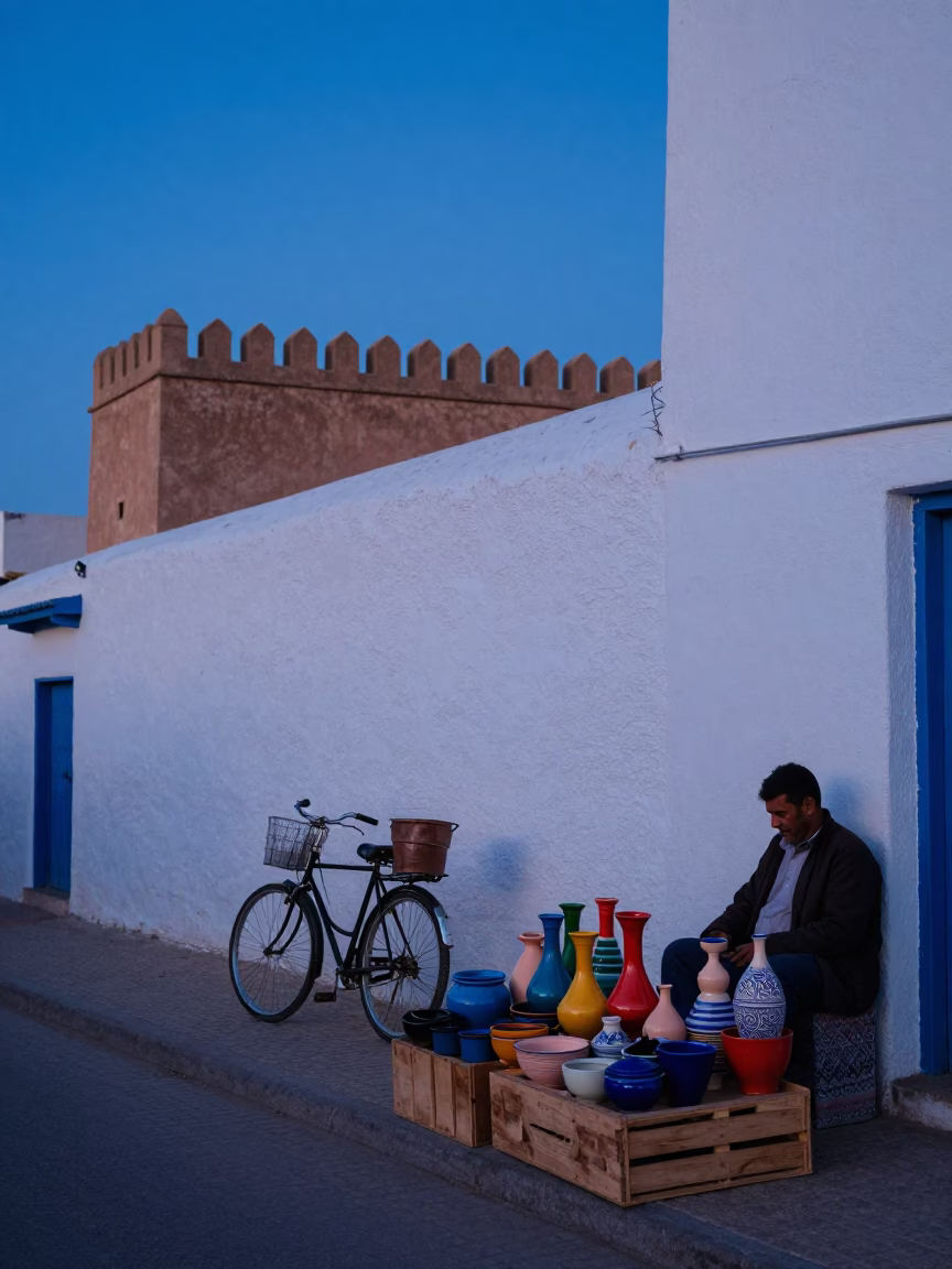 Twilight Street Scene in Essaouira Morocco with Bicycle and Traditional Utensil Crocks in in Essaouira, Morocco