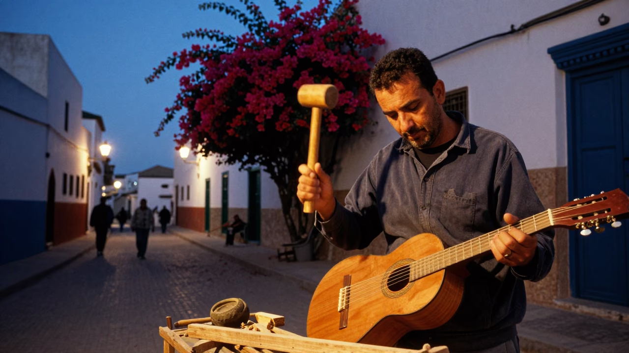 Twilight Street Scene in Essaouira Morocco with Bougainvillea and Wooden Mallet in in Essaouira, Morocco