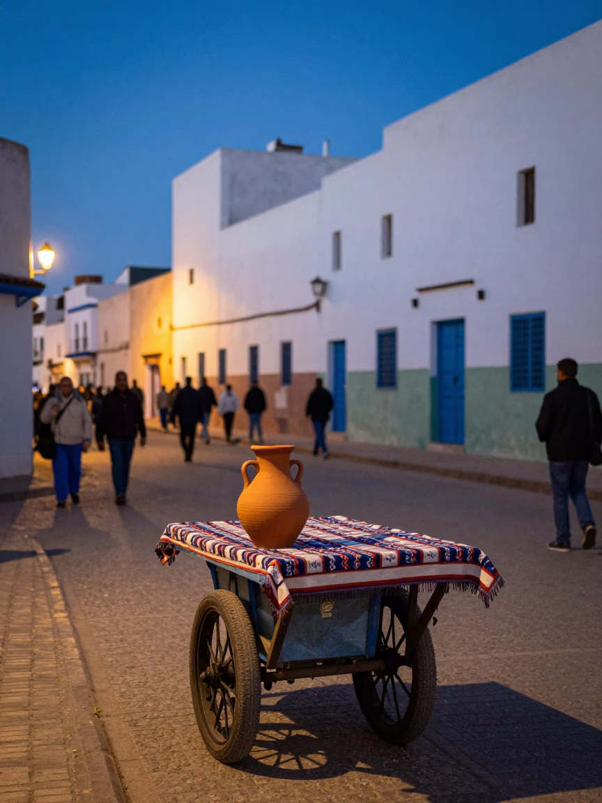 Twilight Street Scene in Essaouira Morocco with Clay Pot and Tablecloth in in Essaouira, Morocco