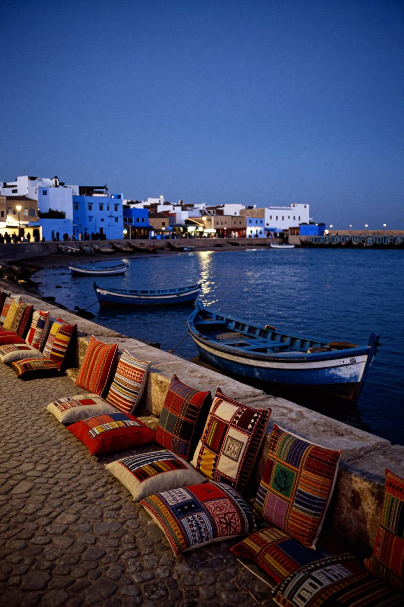 Twilight Street Scene in Essaouira Morocco with Colorful Patchwork Pillows and Fishing Boats in in Essaouira, Morocco