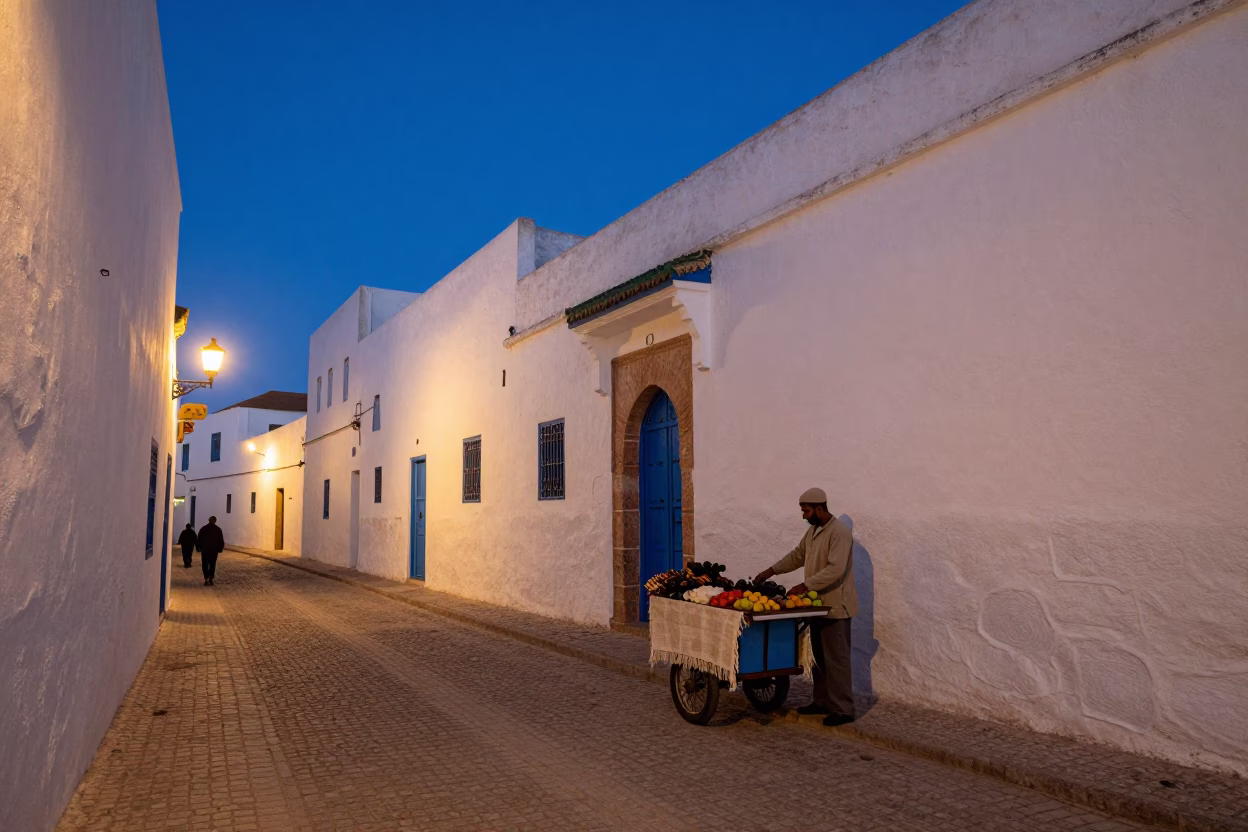 Twilight Street Scene in Essaouira Morocco with Linen Fringe and Local Life in in Essaouira, Morocco