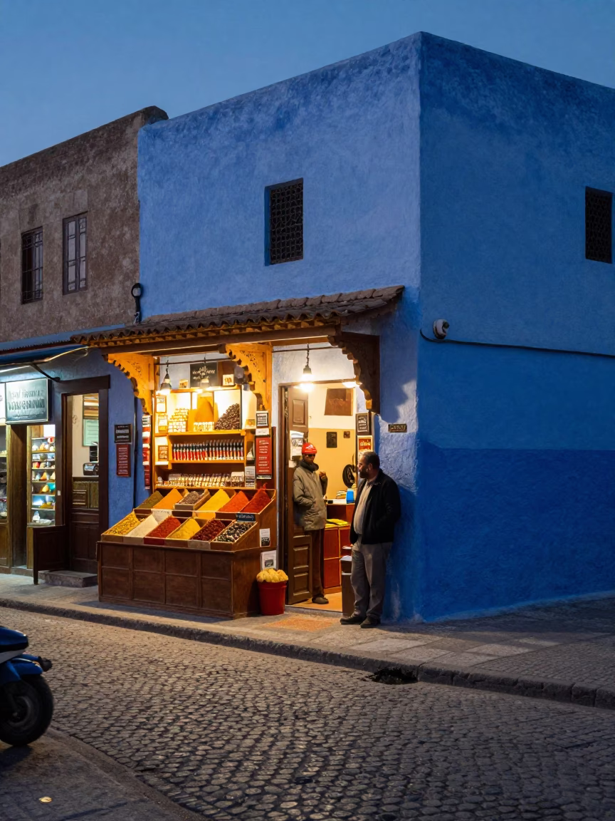 Twilight Street Scene in Essaouira Morocco with Local Market Details in in Essaouira, Morocco