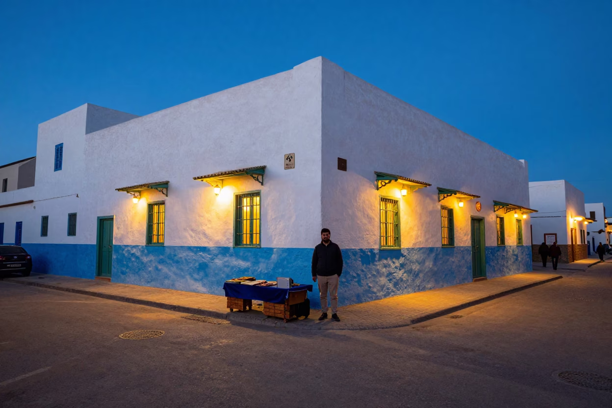 Twilight Street Scene in Essaouira Morocco with Local Street Vendor and Colorful Market Atmosphere in in Essaouira, Morocco