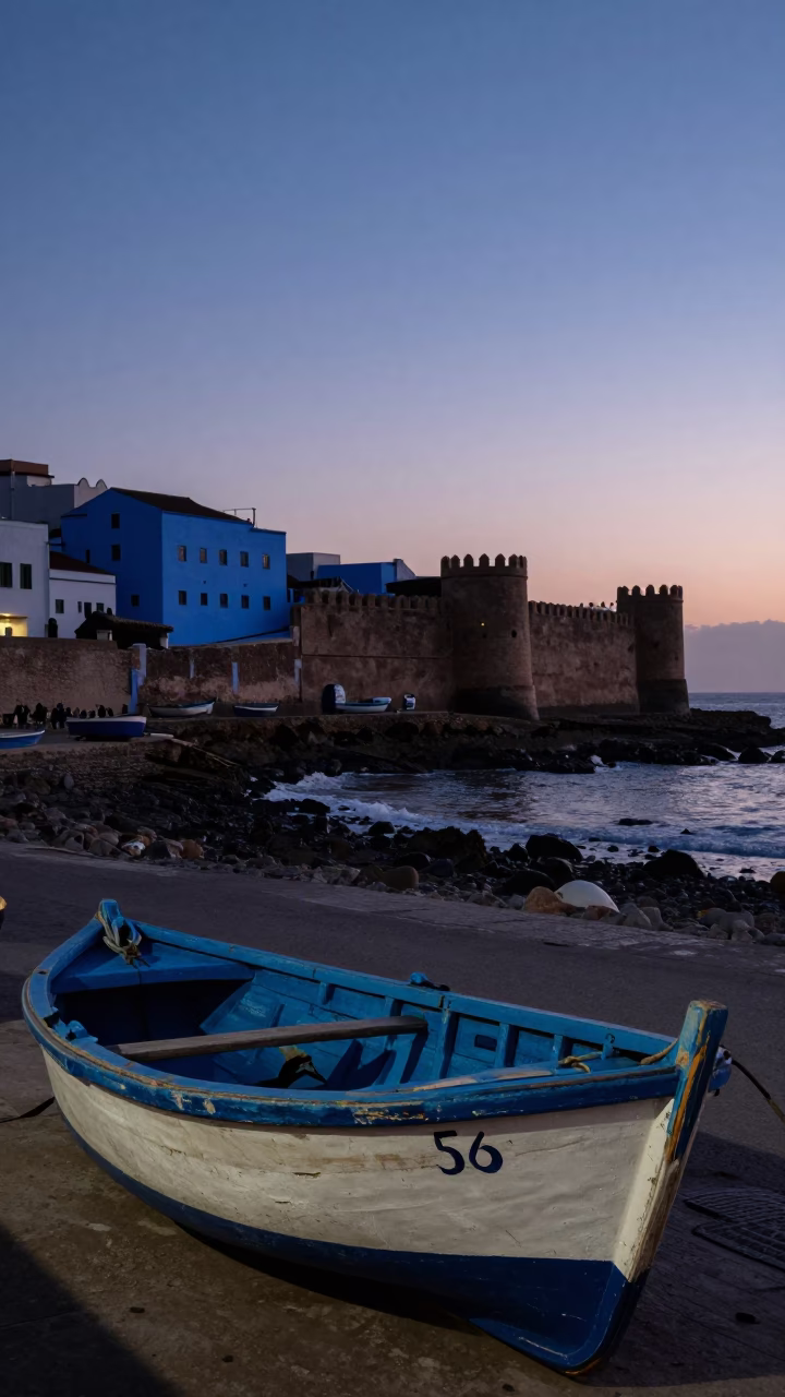 Twilight Street Scene in Essaouira Morocco with Painted Rowboat and Coastal Life in in Essaouira, Morocco