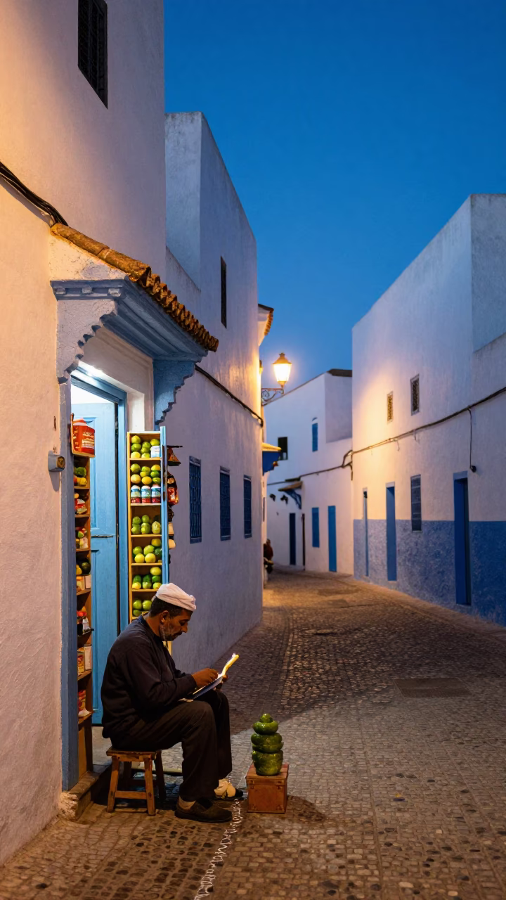Twilight Street Scene in Essaouira Morocco with Pickle Jar and Mending Basket in in Essaouira, Morocco