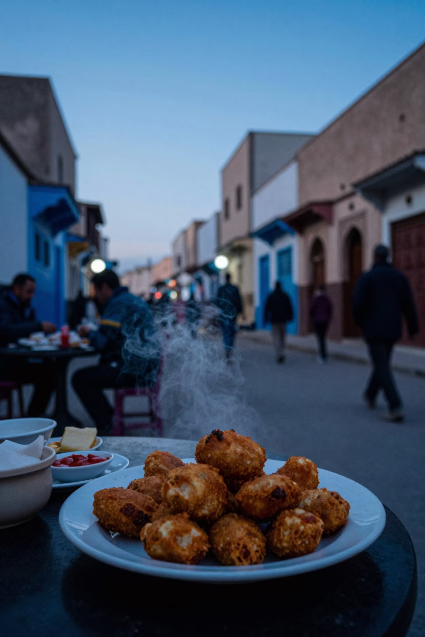 Twilight Street Scene in Essaouira Morocco with Plate of Accra Fritters and Steam Haze in in Essaouira, Morocco