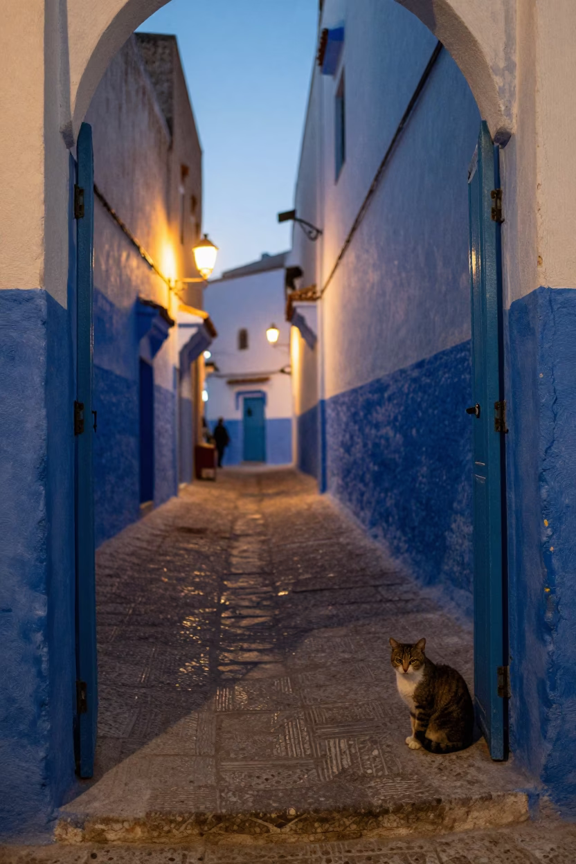 Twilight Street Scene in Essaouira Morocco with Tabby Cat and Doorframe in in Essaouira, Morocco