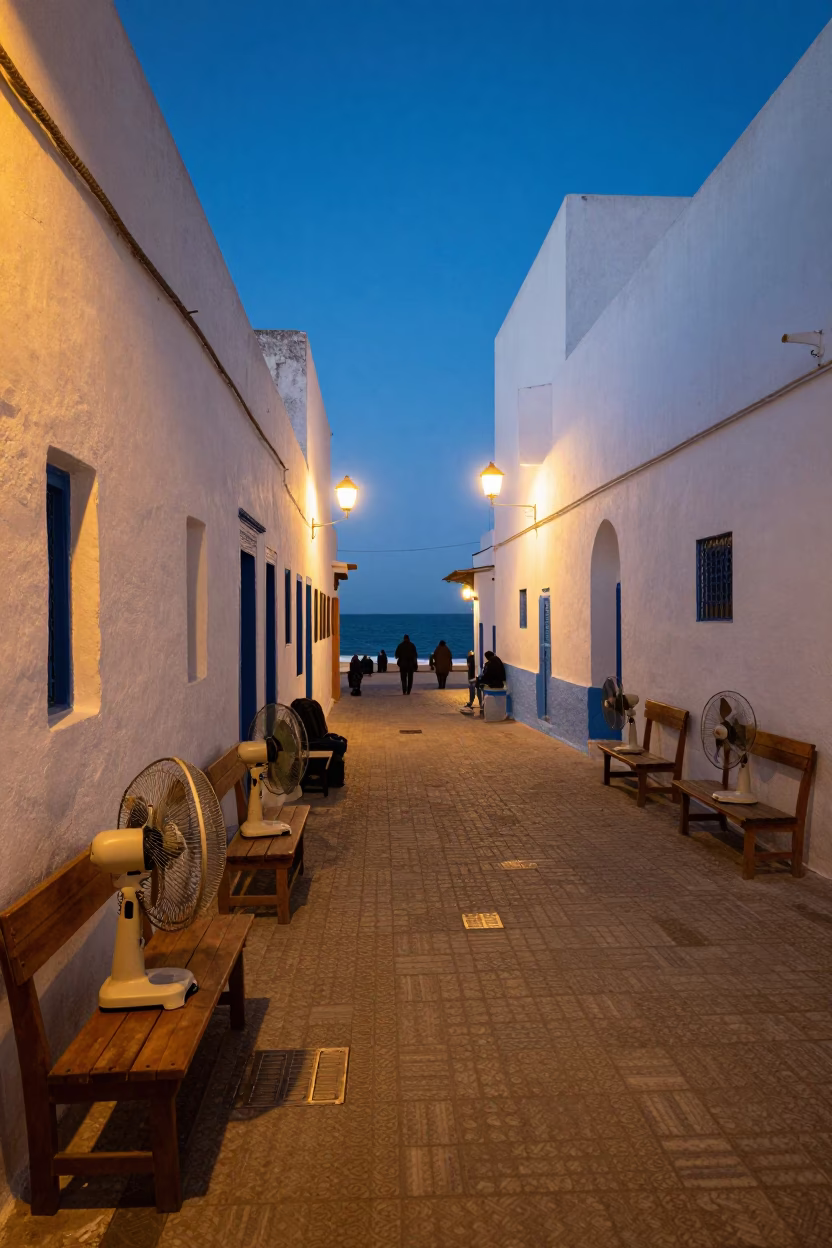 Twilight Street Scene in Essaouira Morocco with Table Fans and Coastal Architecture in in Essaouira, Morocco