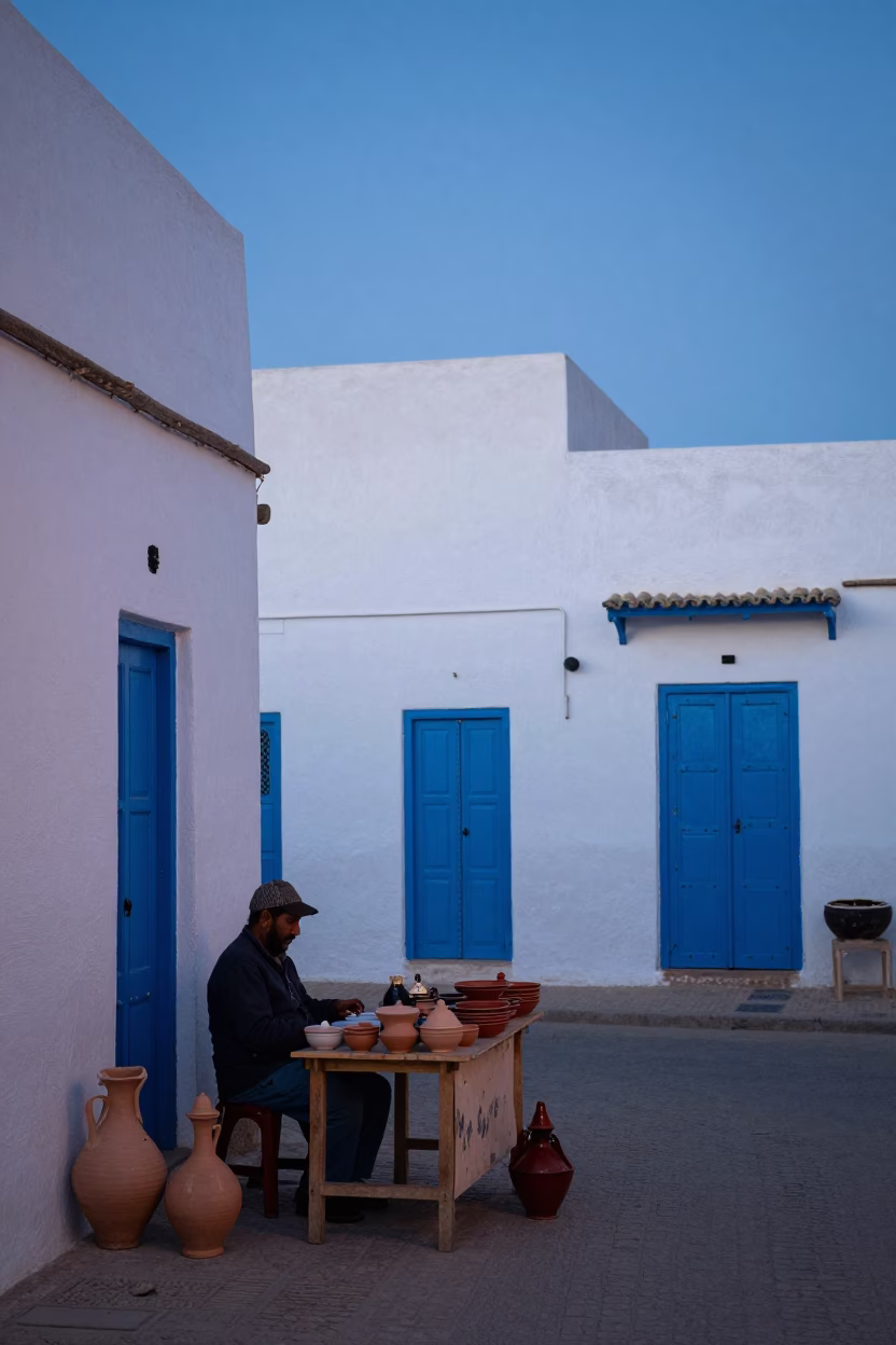 Twilight Street Scene in Essaouira Morocco with Traditional Pottery and Local Life in in Essaouira, Morocco