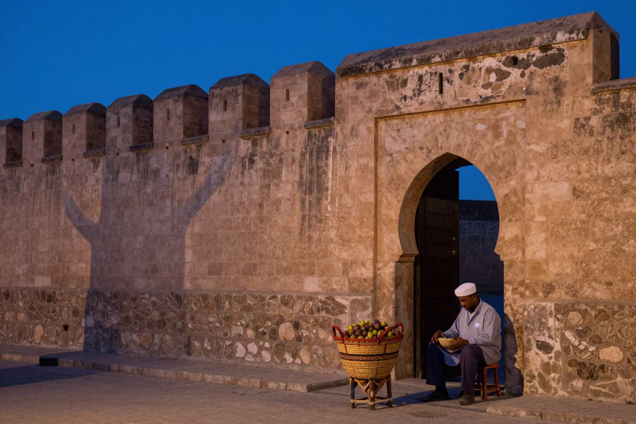 Twilight Street Scene in Essaouira Morocco with Woven Basket and Weathered Architecture in in Essaouira, Morocco