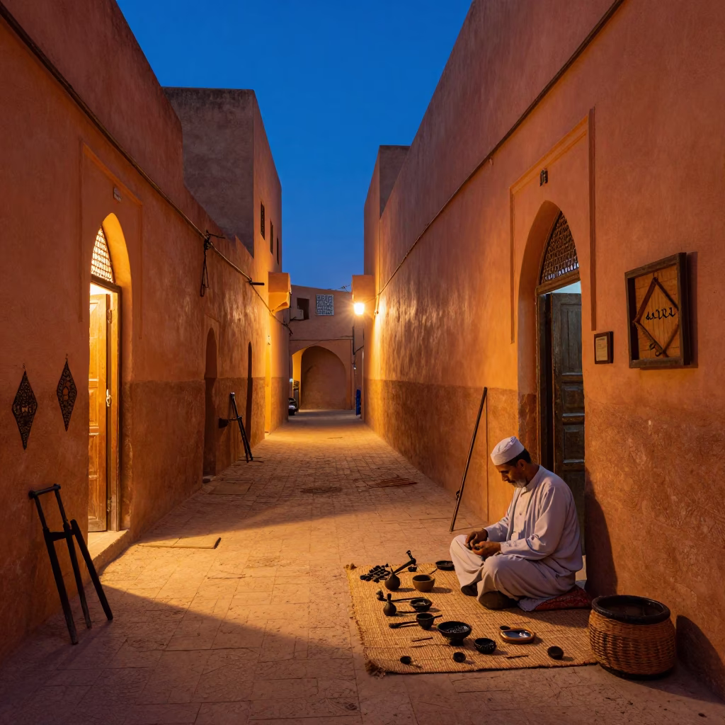 Twilight street scene in Fez Morocco with artisan tools and traditional ceramics in in Fez, Morocco