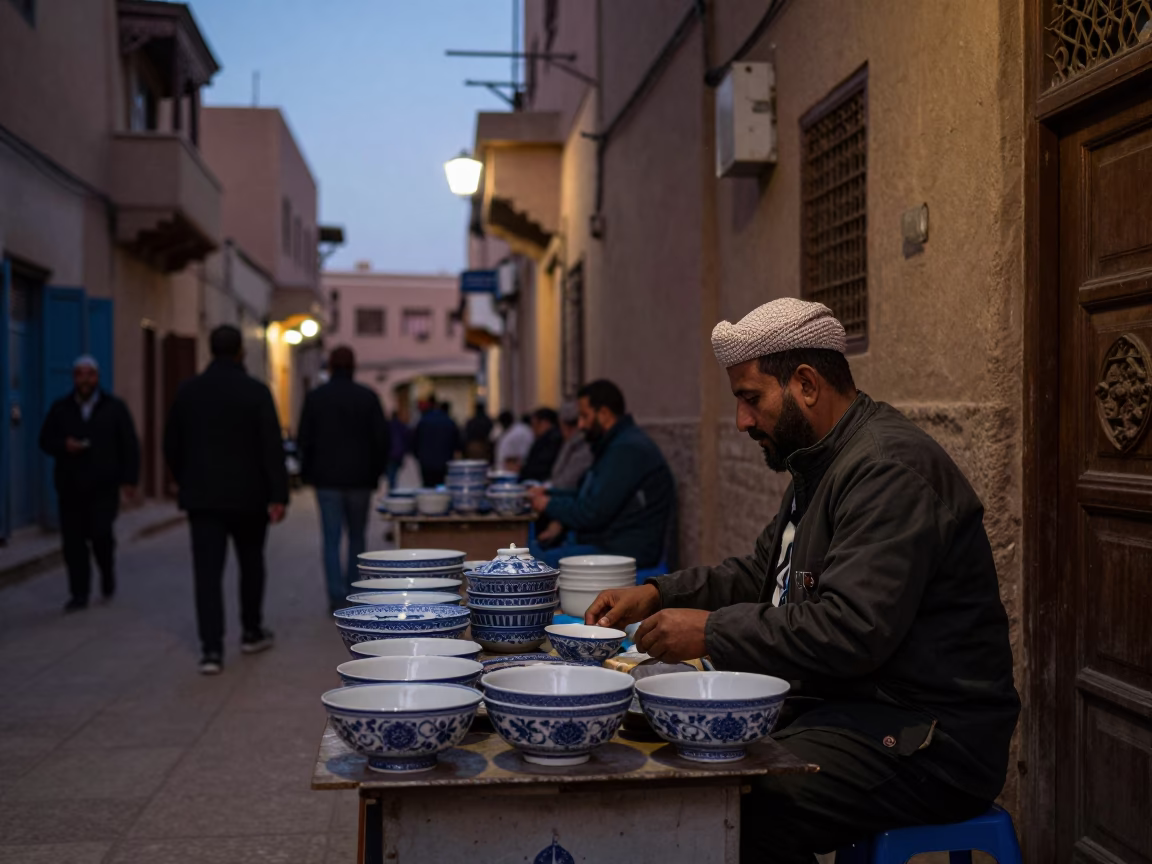 Twilight Street Scene in Fez Morocco with Blue White Porcelain Bowl and Local Life in in Fez, Morocco