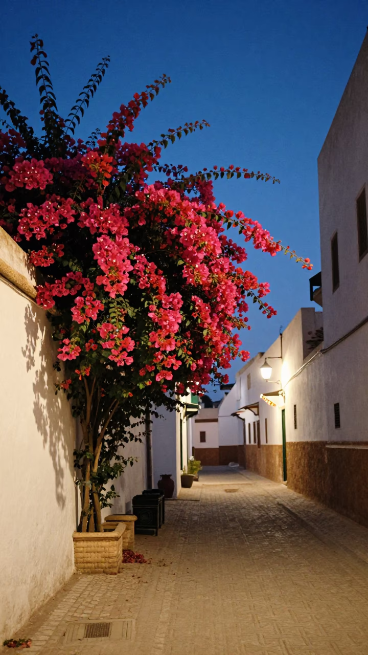 Twilight Street Scene in Fez Morocco with Bougainvillea and Traditional Architecture in in Fez, Morocco