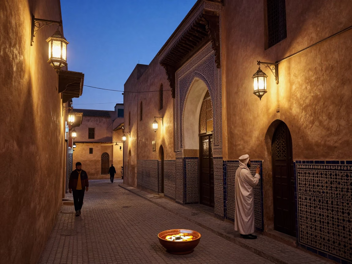 Twilight Street Scene in Fez Morocco with Bowl of Shakshouka in in Fez, Morocco