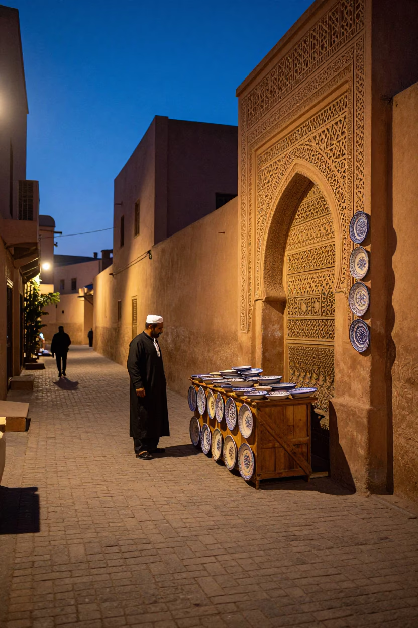 Twilight Street Scene in Fez Morocco with Ceramic Plates and Traditional Architecture in in Fez, Morocco