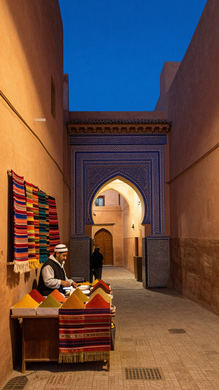Twilight Street Scene in Fez Morocco with Colorful Textiles and Traditional Architecture in in Fez, Morocco