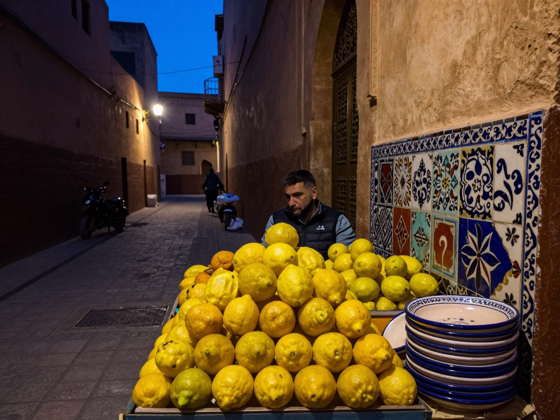 Twilight street scene in Fez Morocco with colorful tiles and fresh lemons in in Fez, Morocco