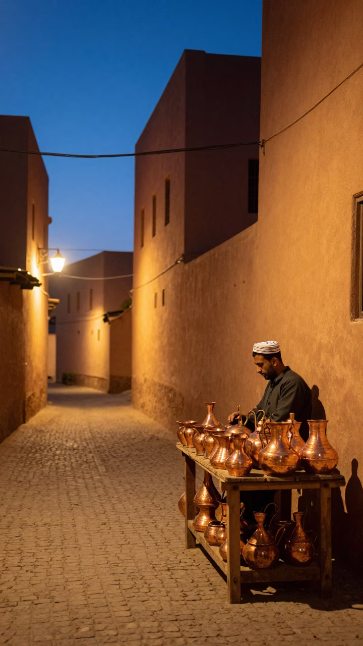 Twilight Street Scene in Fez Morocco with Copper Pottery and Rusty Stool in in Fez, Morocco
