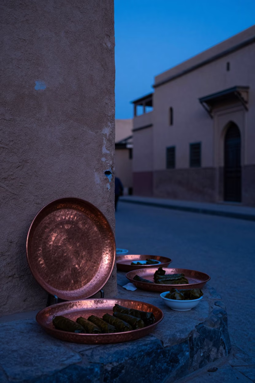 Twilight Street Scene in Fez Morocco with Copper Trays and Traditional Craftsmanship in in Fez, Morocco
