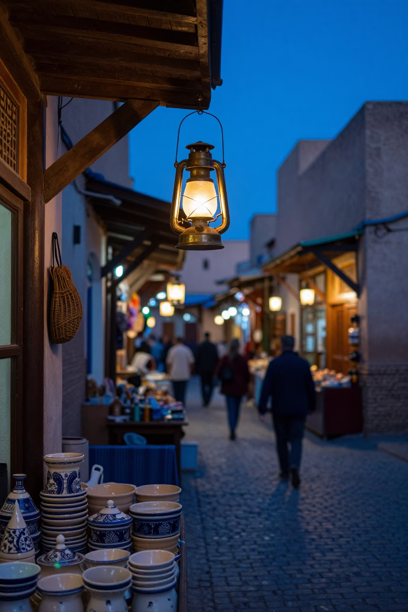 Twilight Street Scene in Fez Morocco with Lanterns and Busy Market Activity in in Fez, Morocco