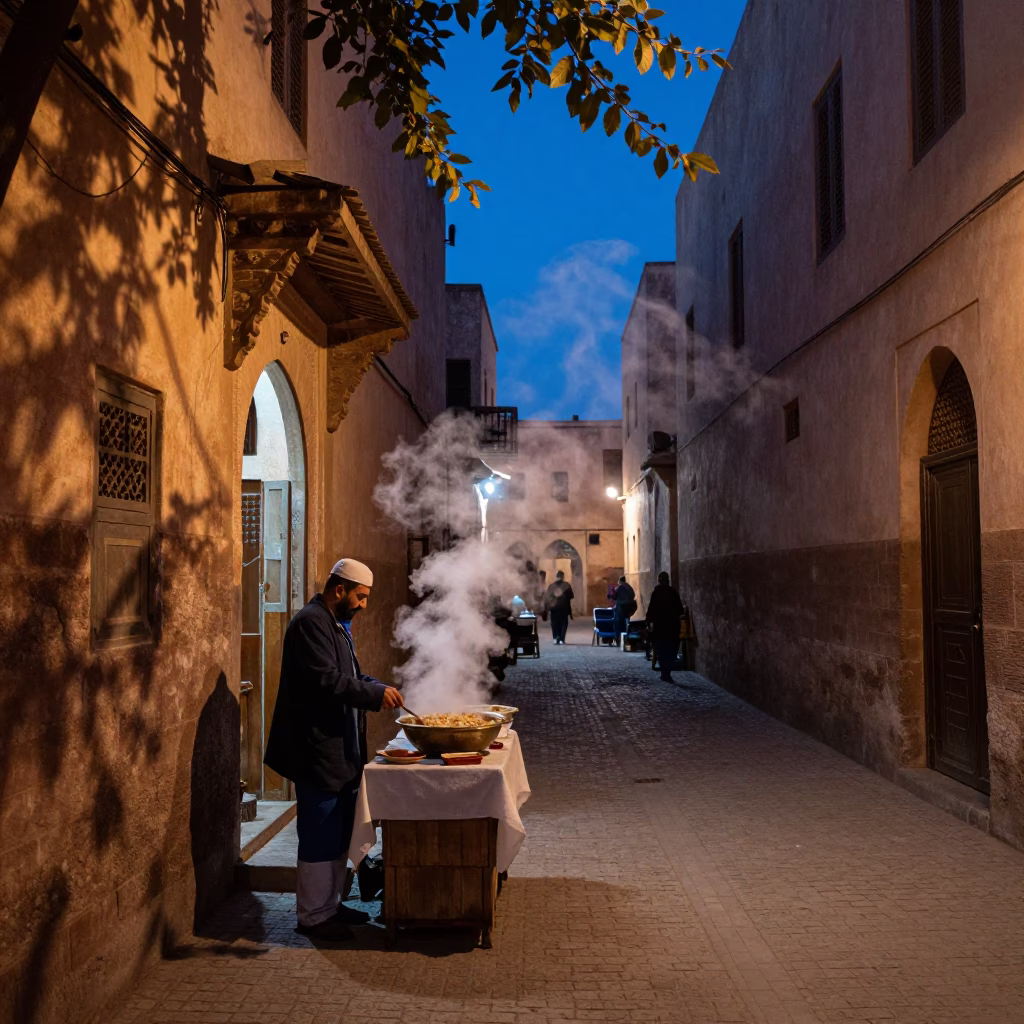 Twilight Street Scene in Fez Morocco with Leaf Shadows and Steaming Food in in Fez, Morocco