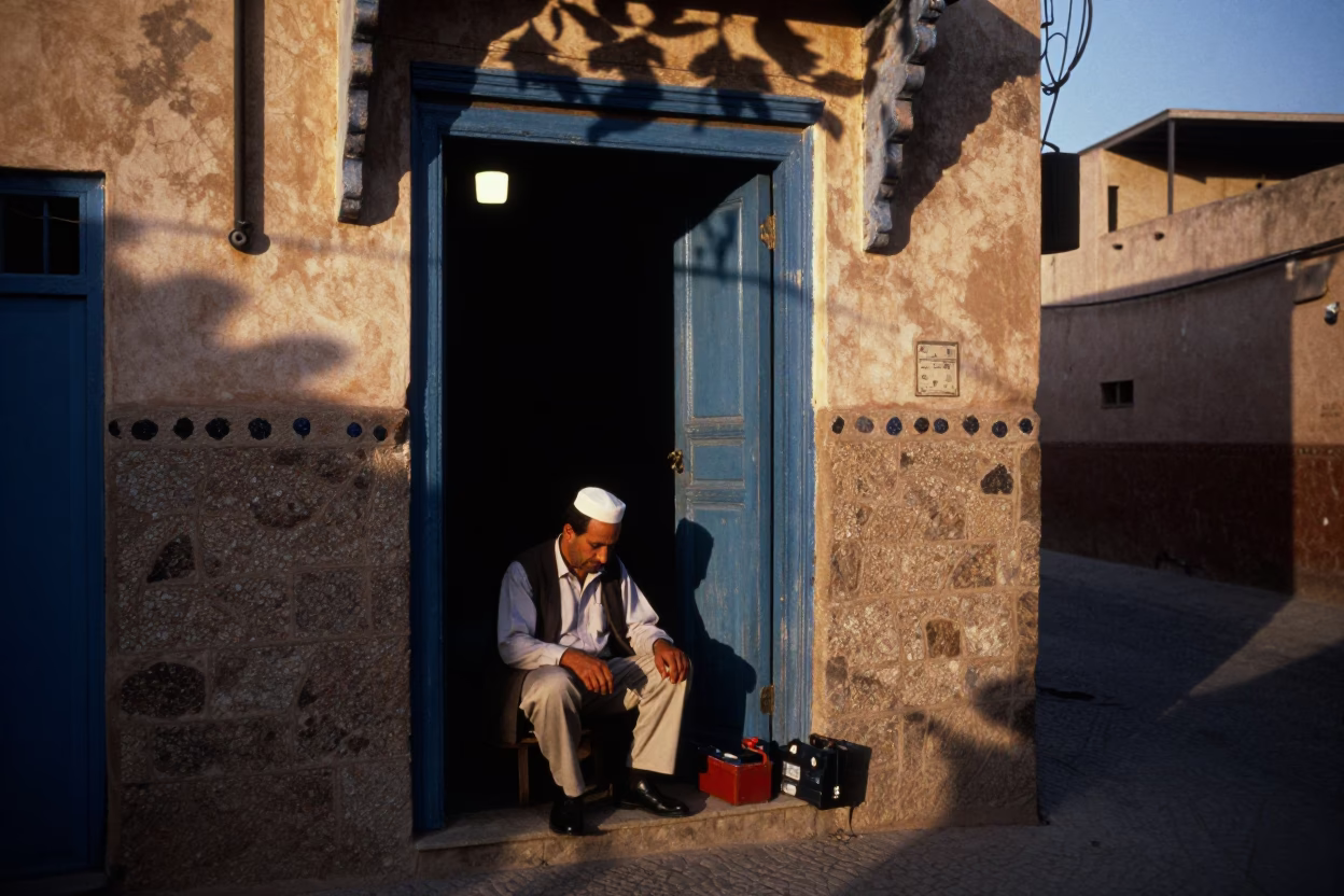 Twilight Street Scene in Fez Morocco with Leaf Shadows on Doorframe and Flowering Plant in in Fez, Morocco