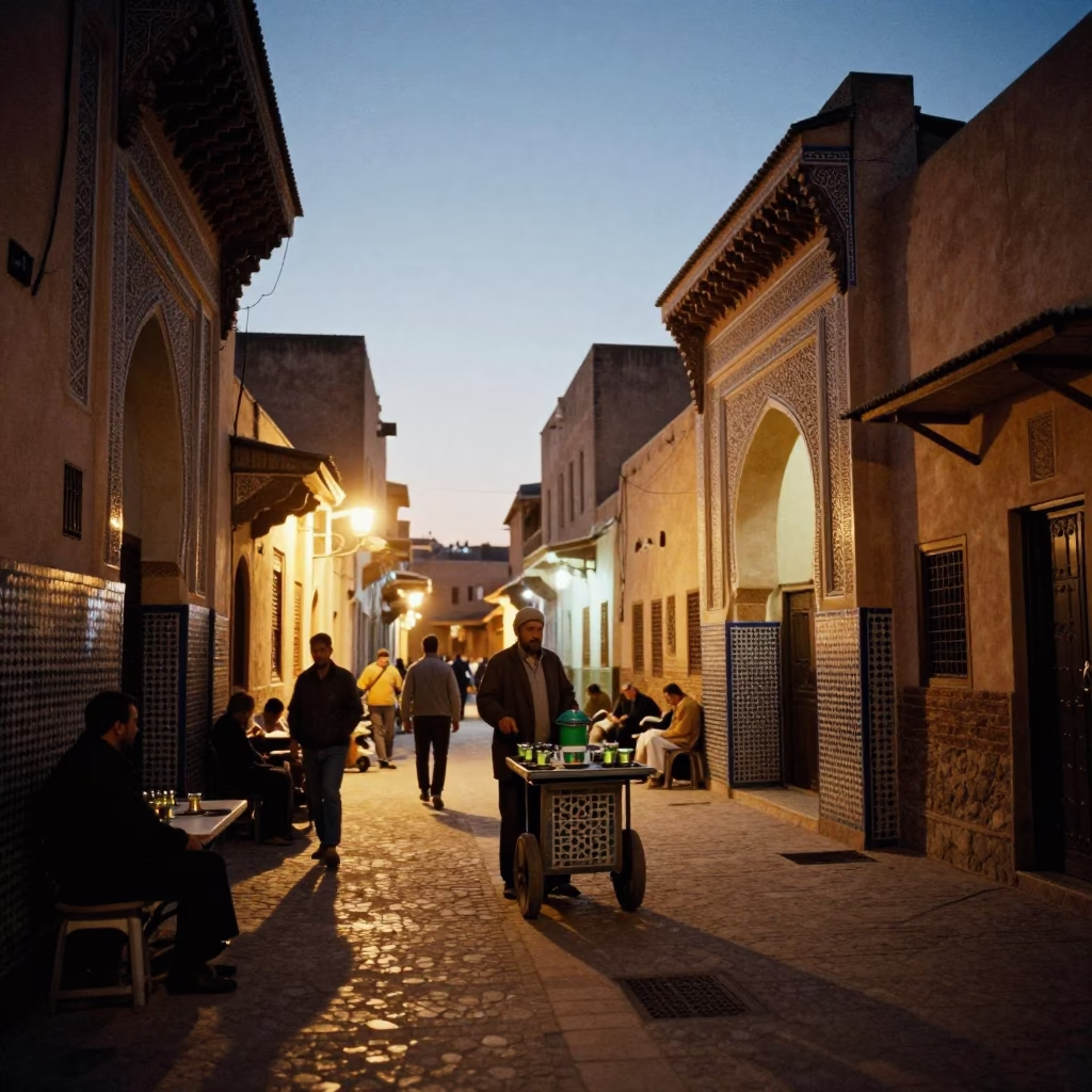 Twilight street scene in Fez Morocco with mint tea and traditional architecture in in Fez, Morocco