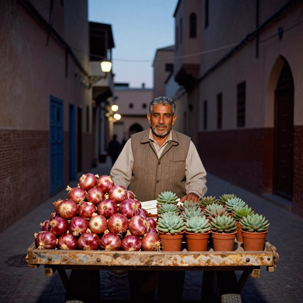 Twilight Street Scene in Fez Morocco with Onions and Succulents in in Fez, Morocco