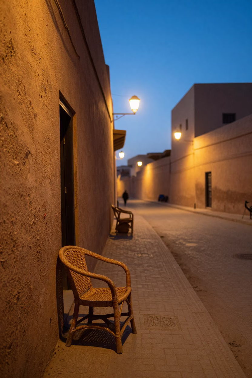 Twilight Street Scene in Fez Morocco with Rattan Chair and Local Life in in Fez, Morocco