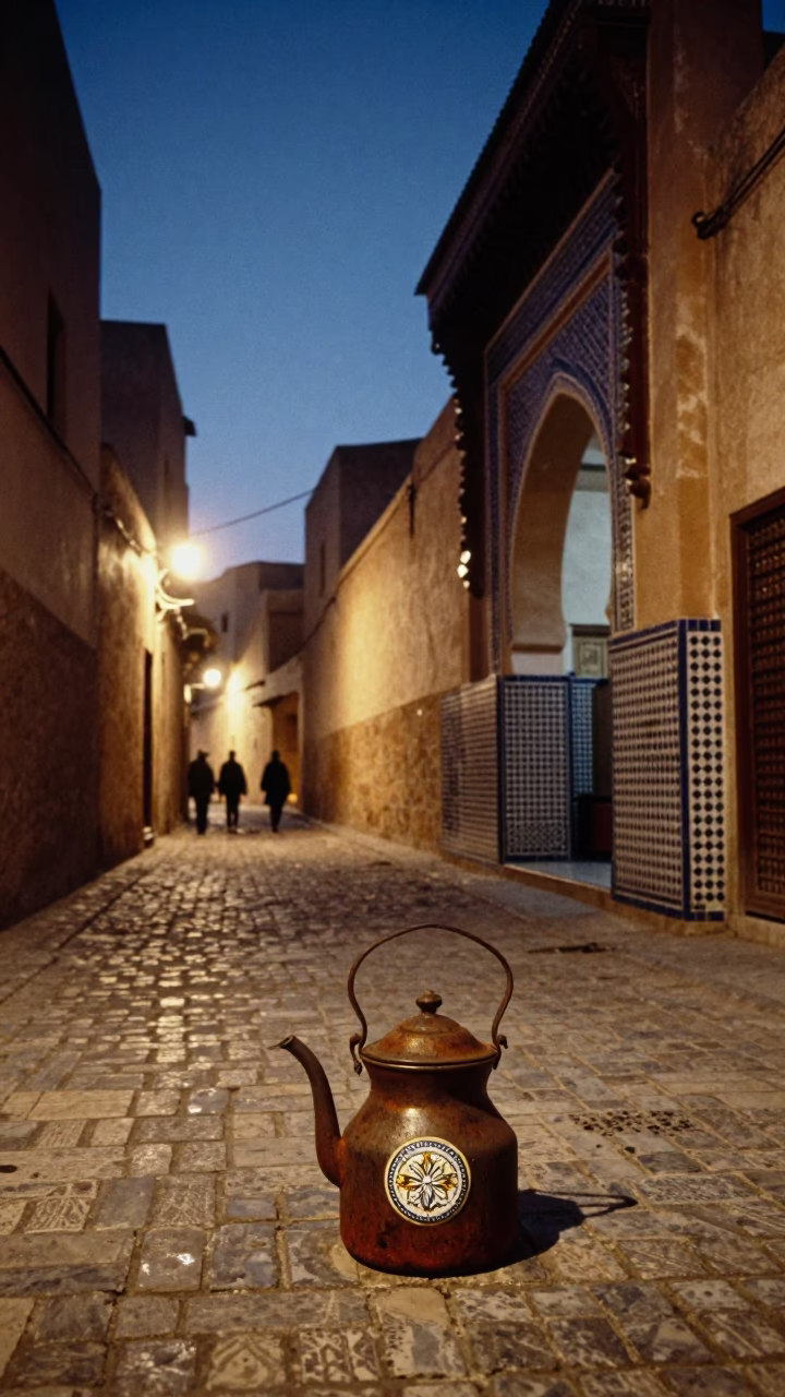 Twilight Street Scene in Fez Morocco with Rusty Kettle and Enamel Bowls in in Fez, Morocco