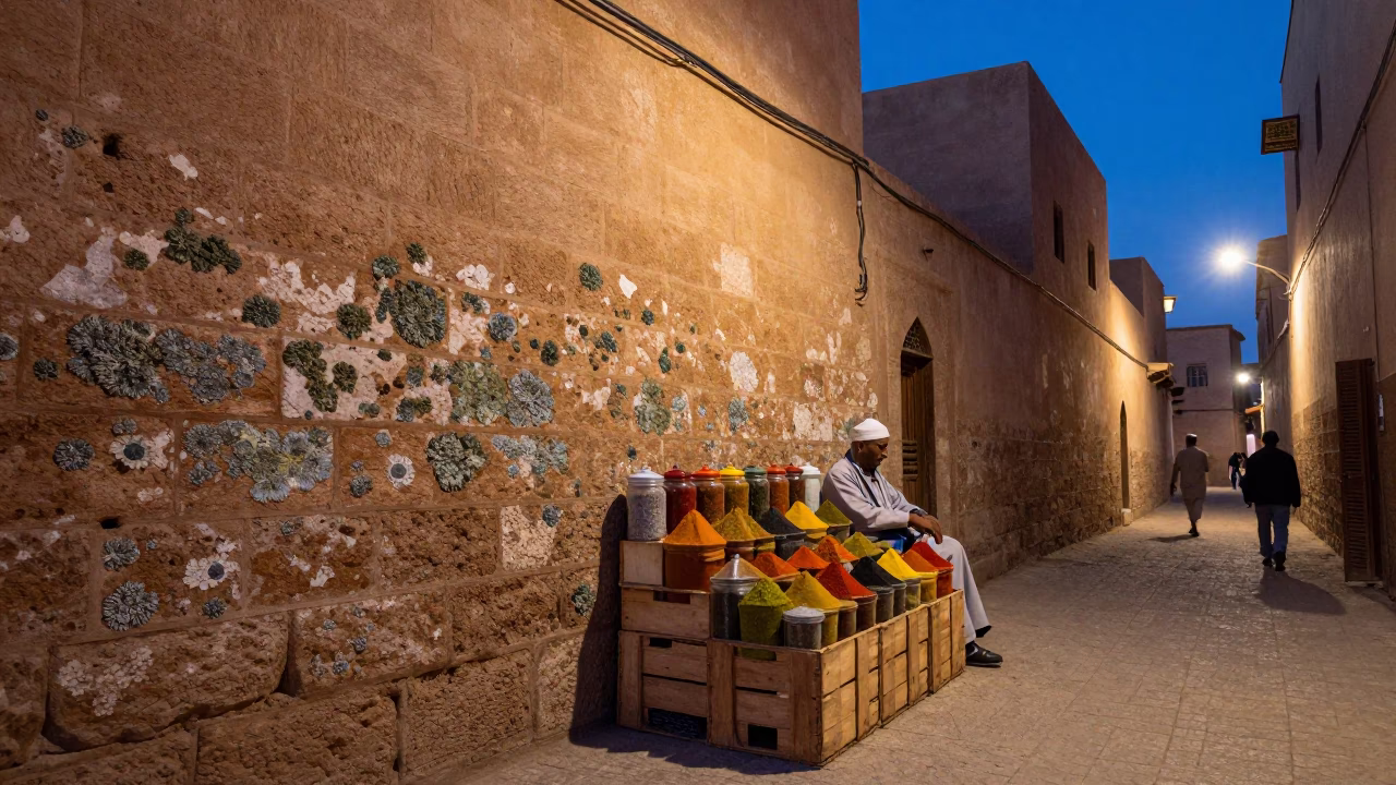 Twilight Street Scene in Fez Morocco with Spice Jars and Lichen in in Fez, Morocco